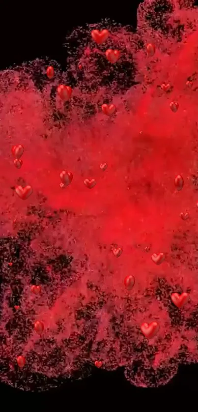 Vibrant red hearts explode against a dark background.