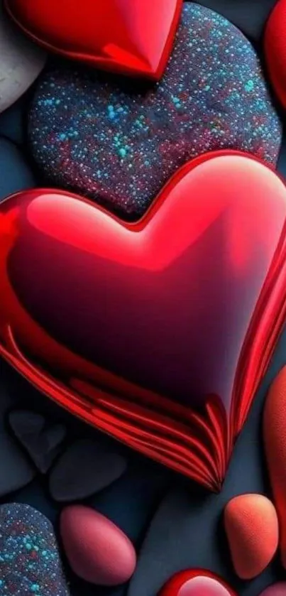 Vibrant red heart surrounded by colorful stones on wallpaper.