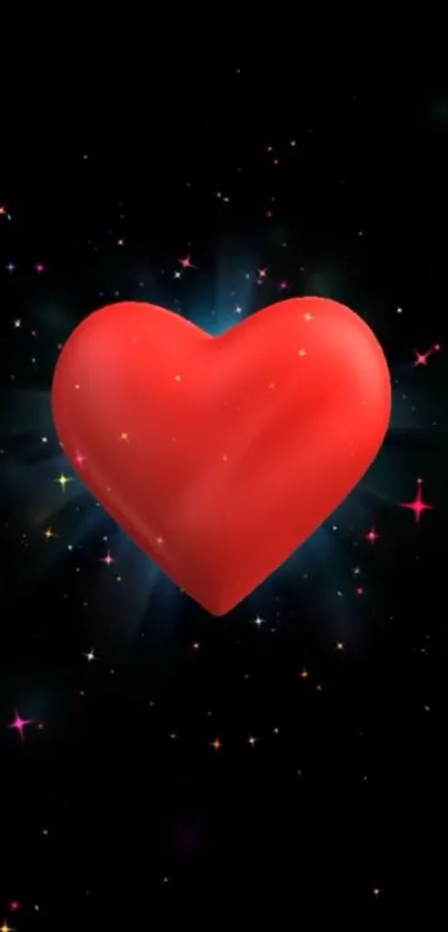 Vibrant red heart glowing with stars on a dark mobile wallpaper background.