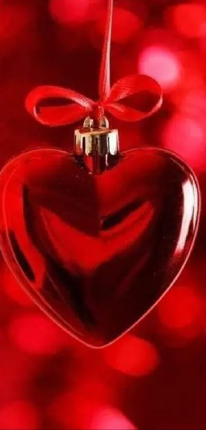 Red heart ornament on vibrant red background.