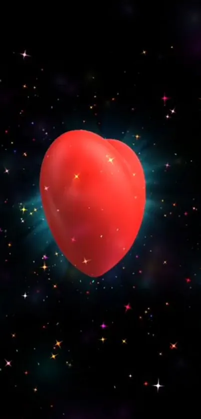 Vibrant red heart with cosmic starry background.