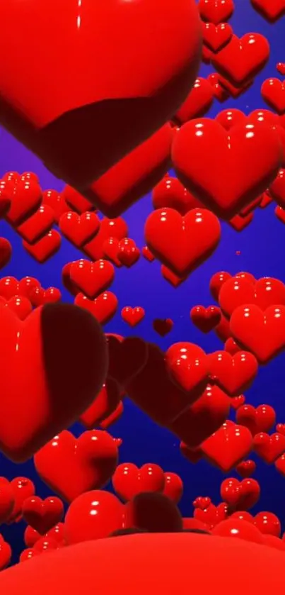 Mobile wallpaper featuring floating red hearts on a vivid blue background.