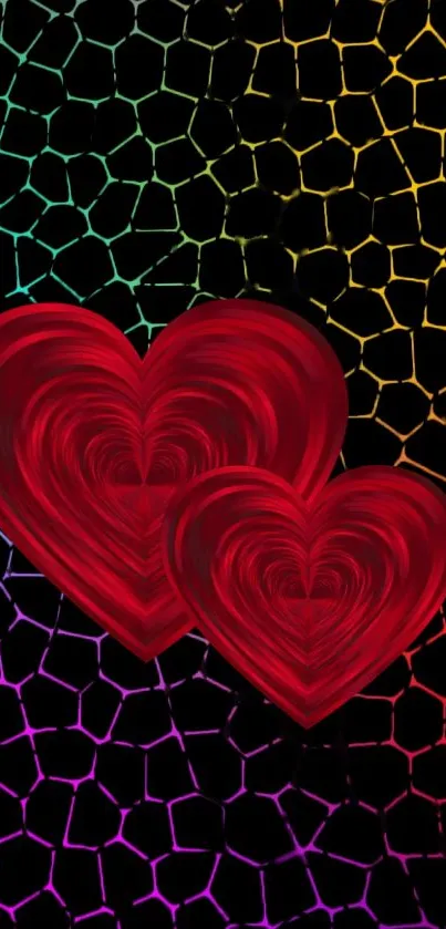 Colorful mosaic background with vibrant red hearts.