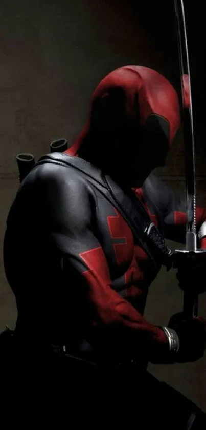 Masked hero with sword in dynamic red and black design.