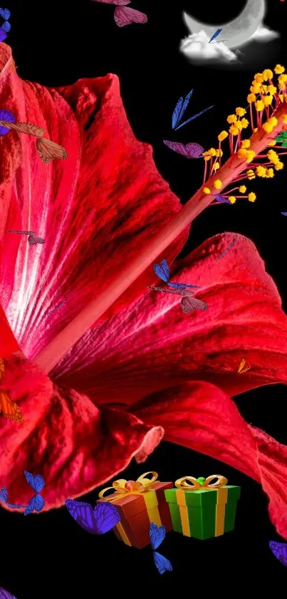 Stunning red hibiscus on black background mobile wallpaper.