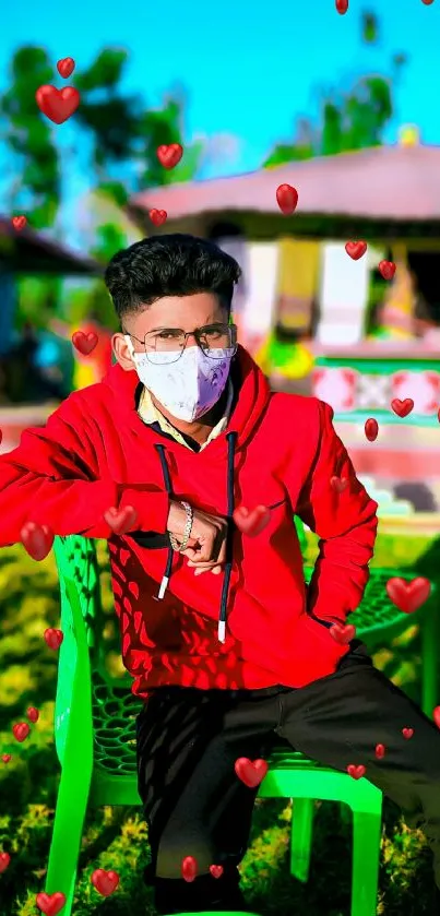 Person in red hoodie with floating hearts on a vivid outdoor wallpaper.