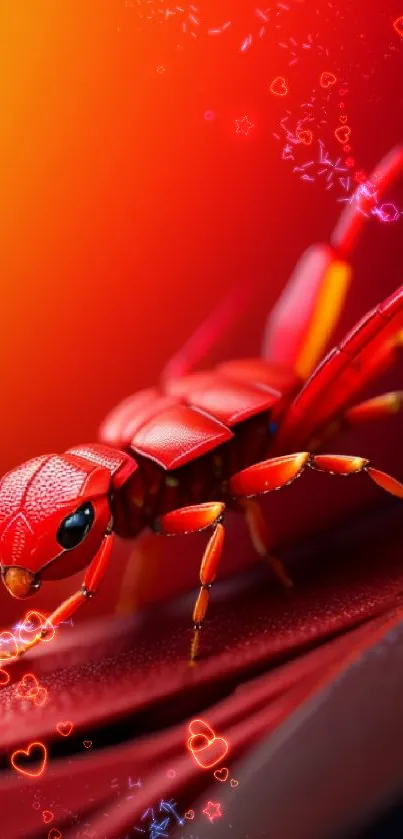 Vibrant red insect art on a gradient background.