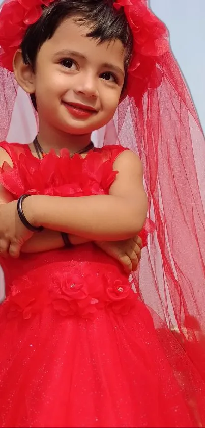 Little girl in a bright red dress with matching veil, smiling charmingly.