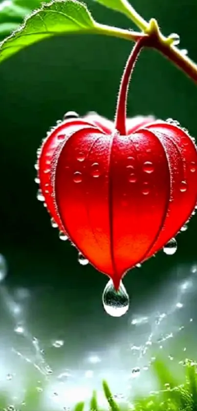 Red lantern flower with raindrops on a green background.