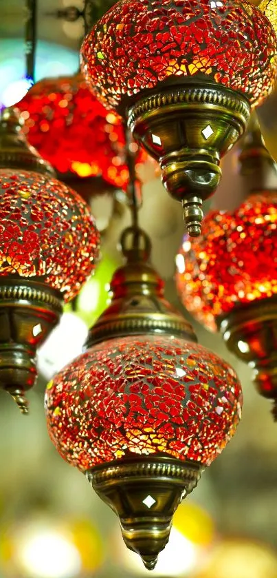 Vibrant red mosaic lanterns with intricate details.