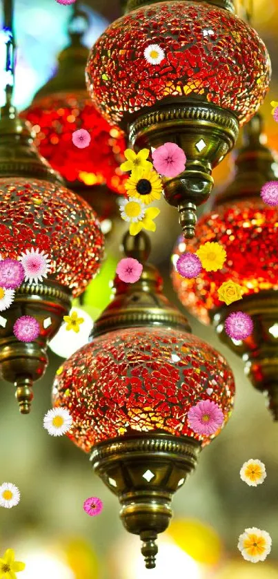 Vibrant red lanterns with floral accents on a mobile wallpaper background.