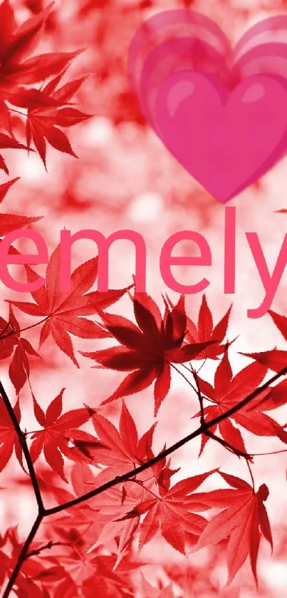 Red leaves wallpaper with heart design