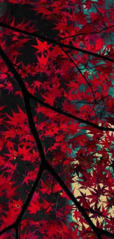 Red leaves mobile wallpaper with dark tree branches.