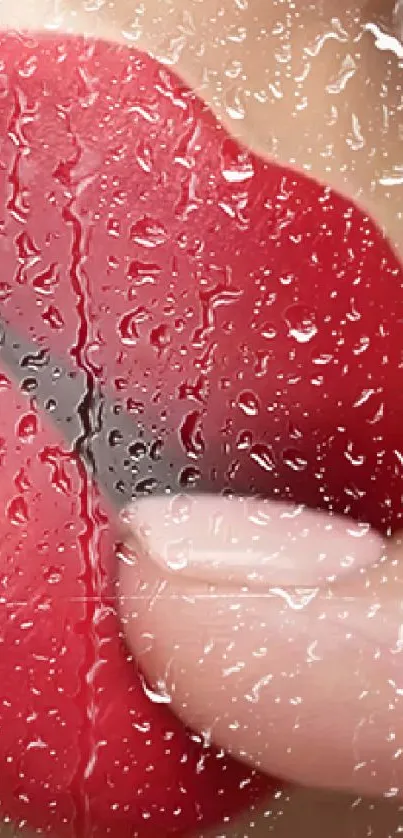 Close-up of glossy red lips with raindrop effect on mobile wallpaper.