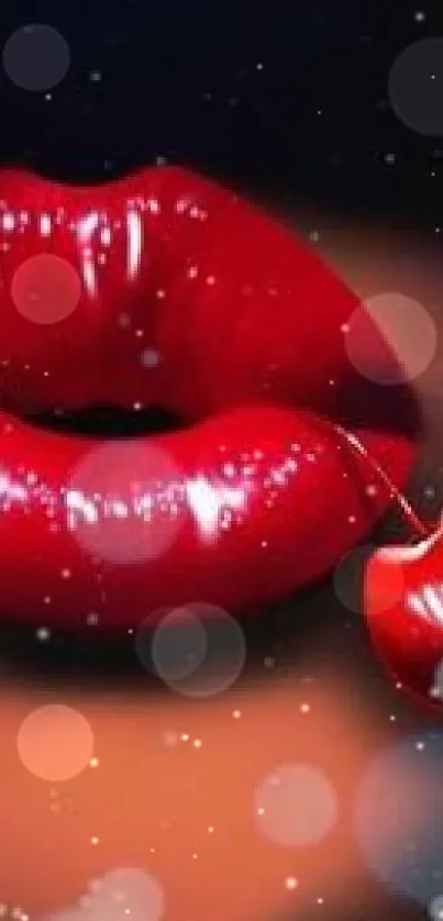 Vibrant red lips holding a cherry on a stylish wallpaper background.