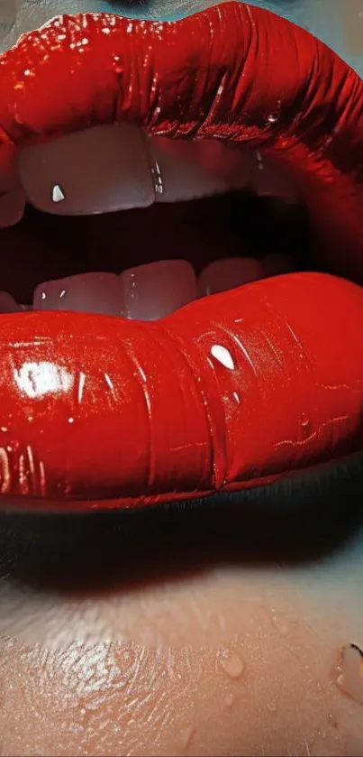 Close-up of vibrant, glossy red lips with water droplets.