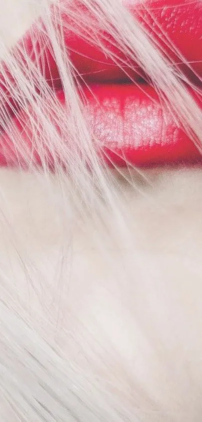 Close-up of vibrant red lips with white hair strands.