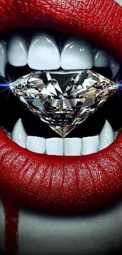 Red lips holding a diamond in a dramatic mobile wallpaper.