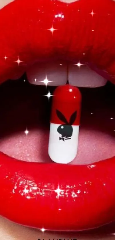 Bold red lips with a pill for a vibrant mobile wallpaper look.