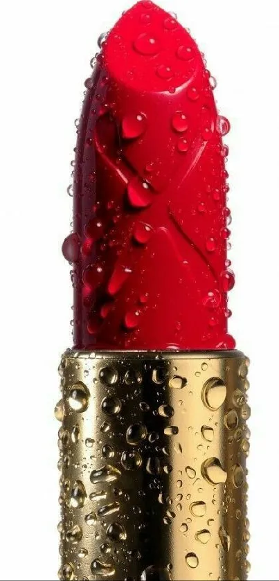 Close-up of vibrant red lipstick with water droplets.