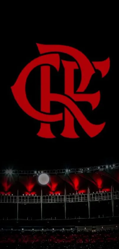 Bold red logo on black background with stadium lights.