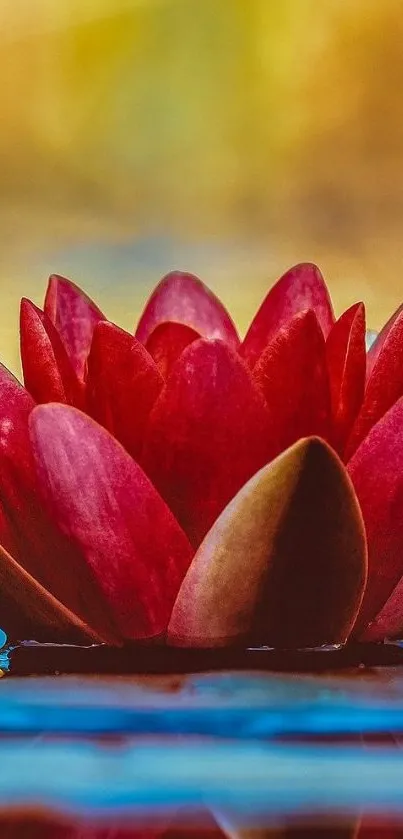 Vibrant red lotus flower on water in a serene setting.