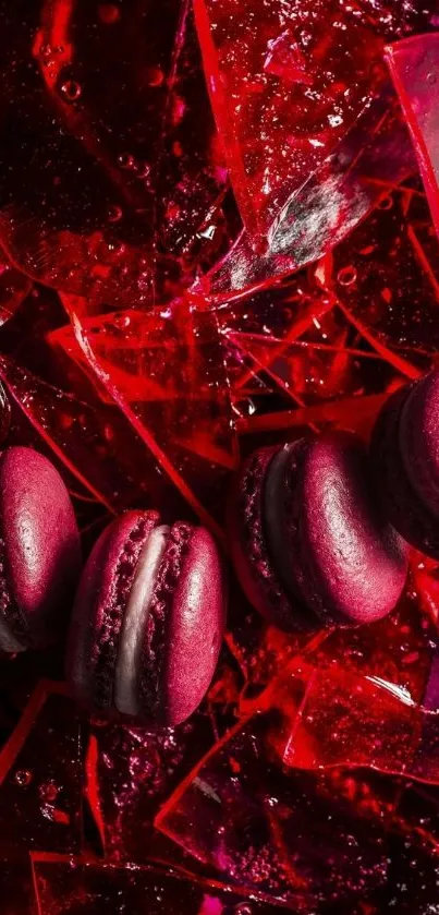 Elegant crimson red macaron wallpaper with vibrant shards.