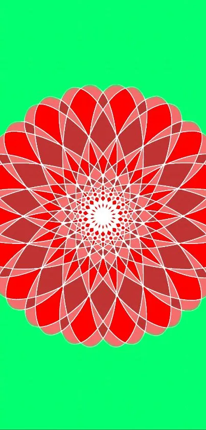 Vibrant red mandala on a green background mobile wallpaper.