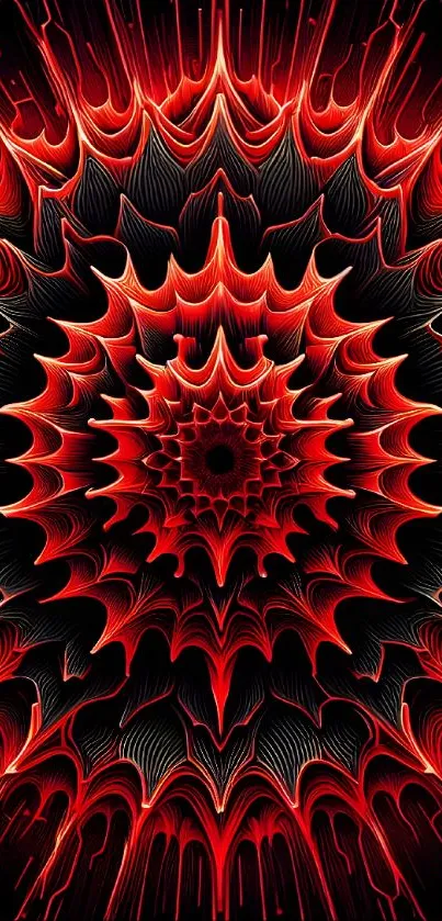 Mesmerizing red mandala fractal pattern on a dark background for mobile wallpaper.