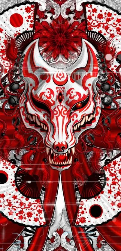 Intricate red mask design wallpaper with bold patterns