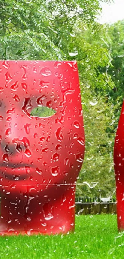 Two red mask sculptures in a lush green park setting.
