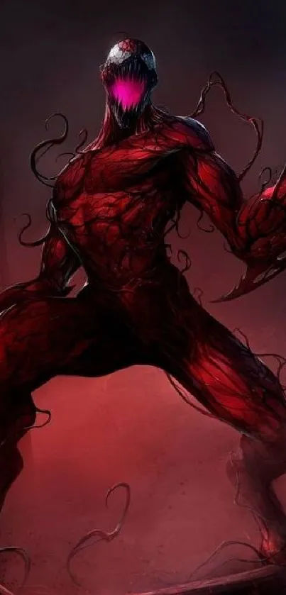 Crimson red monstrous figure with intense, dynamic presence.