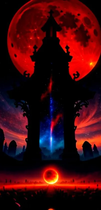 Tower silhouette under a red moon with a fantasy celestial backdrop.