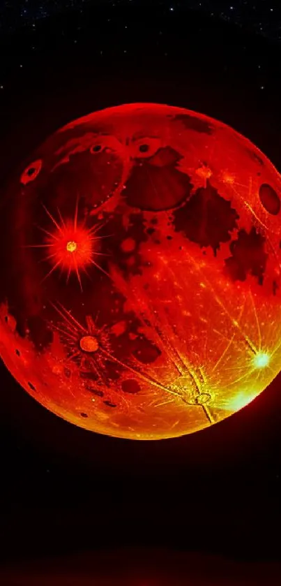 Vibrant red moon with glowing highlights, cosmic wallpaper.