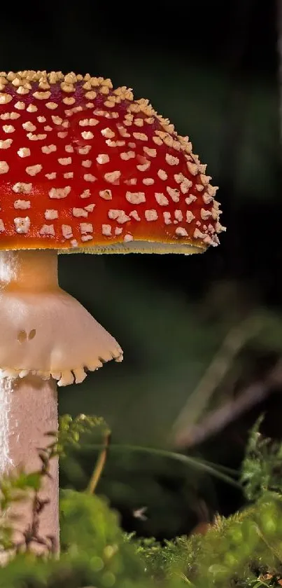 Close-up of a red mushroom with a green forest background.