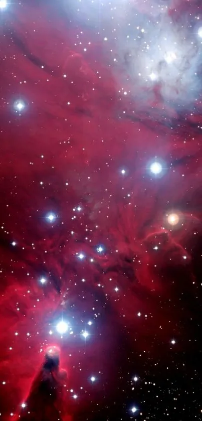 Mobile wallpaper of a vibrant red nebula with stars in deep space.