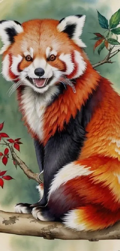 Illustration of a vibrant red panda on a branch with colorful leaves.