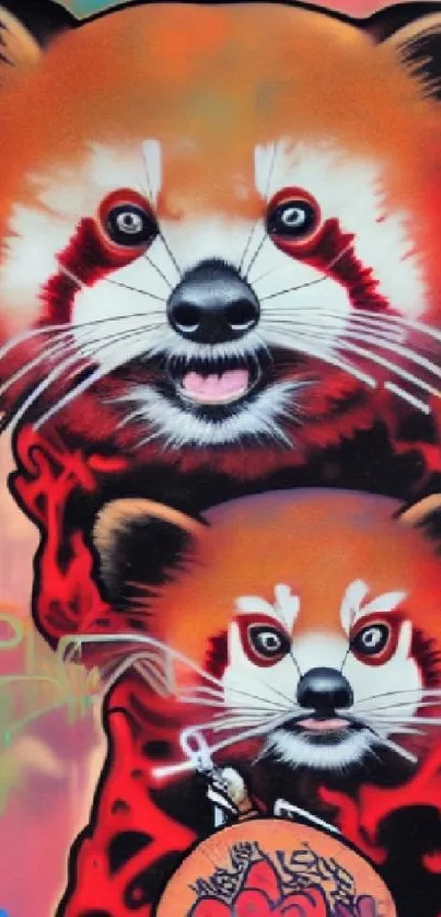 Vibrant graffiti art featuring two red pandas with colorful background.