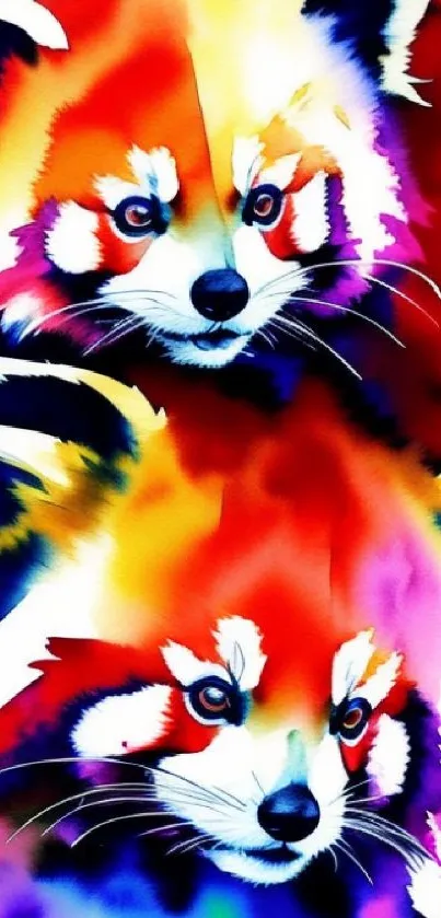 Colorful watercolor of two red pandas in vibrant hues.