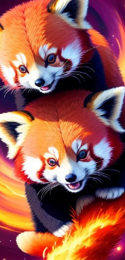 Artistic red pandas swirl in vibrant cosmic colors on a mobile wallpaper.