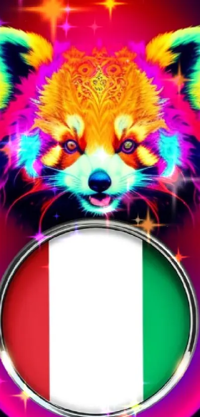 Neon red panda art with Italian flag on wallpaper.