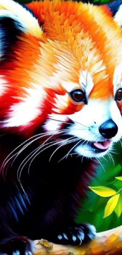 Vibrant digital artwork of a red panda in lush green surroundings.