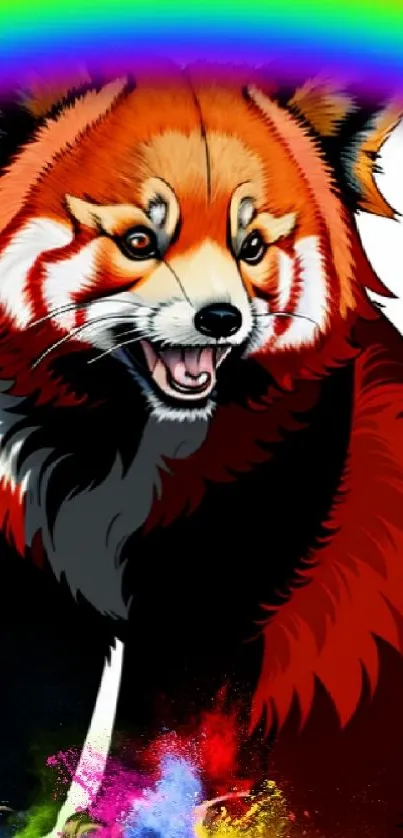 Artistic red panda with rainbow on vibrant mobile wallpaper.