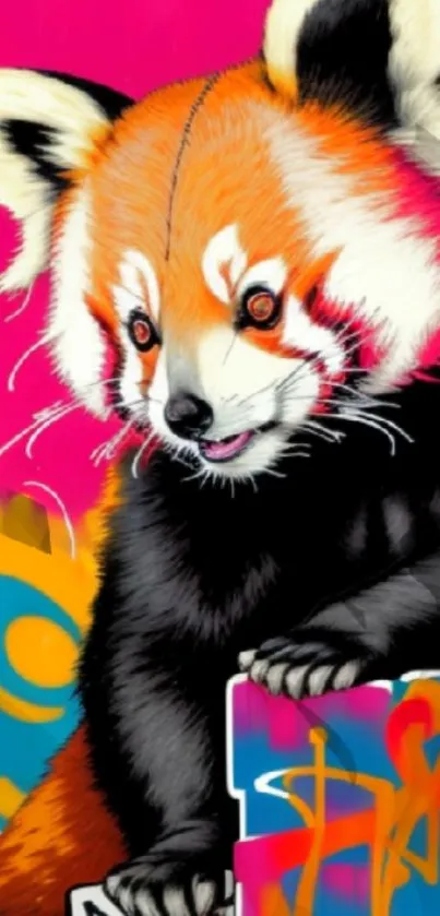 Colorful red panda graffiti art wallpaper with vibrant hues.