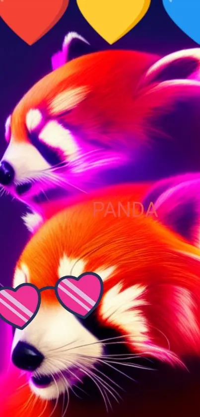 Red pandas with heart emojis in vibrant hues.