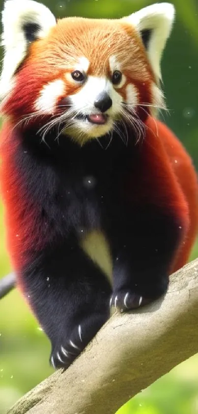 Red panda perched on a tree against lush green foliage, vibrant and adorable.