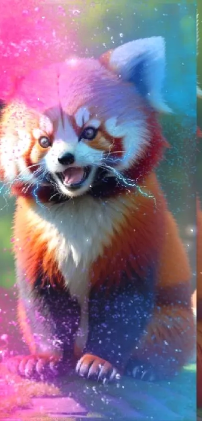 Vibrant red panda with colorful powder effects in a lively forest setting.