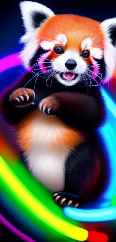 Vibrant neon red panda with colorful lights.