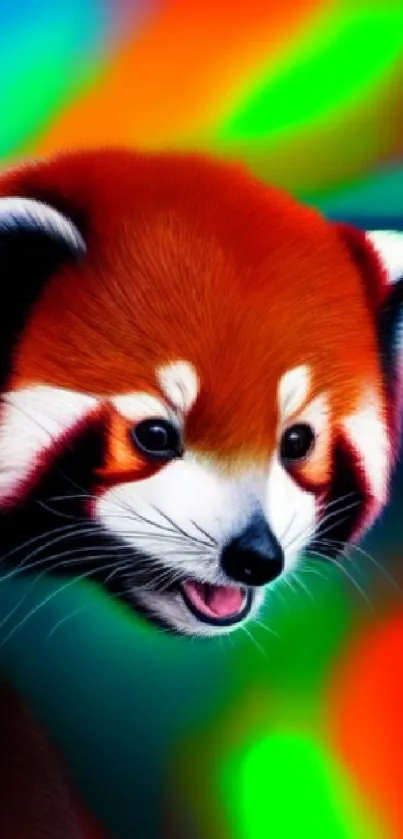 Vibrant red panda with neon background in colorful wallpaper.