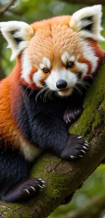 Red panda perched on a mossy tree branch in vibrant forest setting.